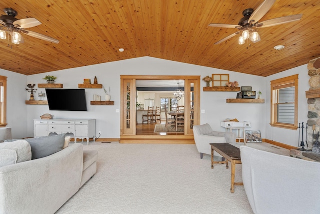 27151 Aberdeen Ave, New Prague, MN 56071 - living room featuring a ceiling fan, vaulted ceiling, carpet floors, baseboards, and wood ceiling