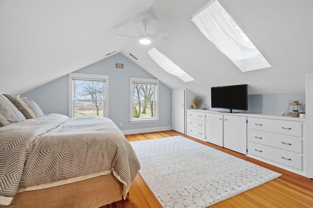 27151 Aberdeen Ave, New Prague, MN 56071 - bedroom with a skylight, light wood-type flooring, ceiling fan, vaulted ceiling, and baseboards