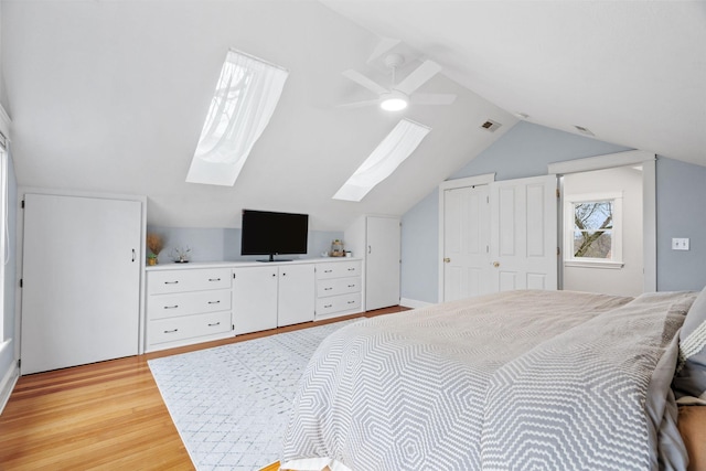 27151 Aberdeen Ave, New Prague, MN 56071 - bedroom featuring a skylight, light wood-type flooring, lofted ceiling, and a ceiling fan