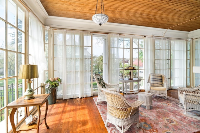 2525 2nd St, Duluth, MN 55812 - sunroom / solarium featuring wooden ceiling, ornamental molding, hardwood / wood-style floors, and french doors