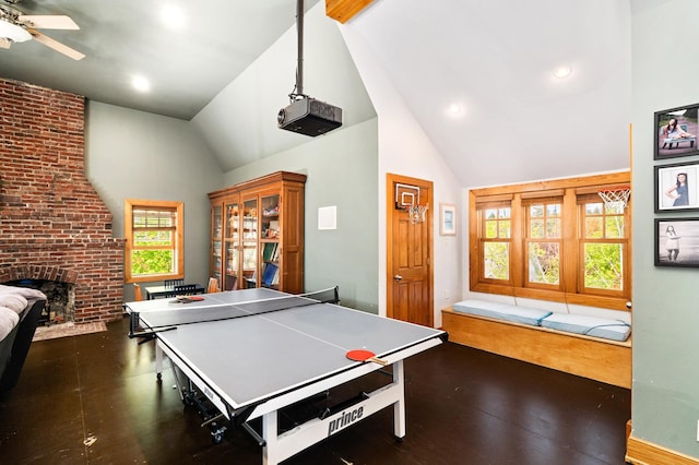 2525 2nd St, Duluth, MN 55812 - rec room with ceiling fan, a brick fireplace, high vaulted ceiling, and recessed lighting