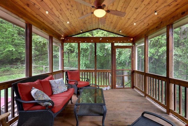 14925 Hillside Trl, Savage, MN 55378 - sunroom / solarium with vaulted ceiling, a ceiling fan, an outdoor hangout area, and plenty of natural light