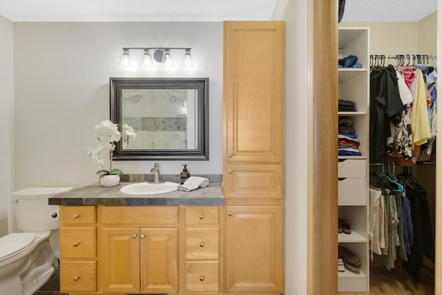 14925 Hillside Trl, Savage, MN 55378 - full bathroom with vanity, a walk in closet, toilet, and a shower