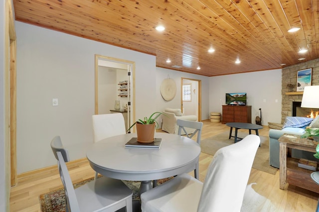 14925 Hillside Trl, Savage, MN 55378 - dining room featuring wooden ceiling, recessed lighting, light wood finished floors, and a fireplace