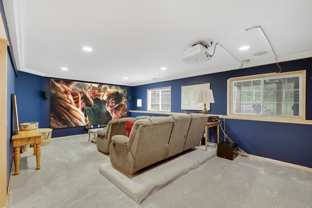 14925 Hillside Trl, Savage, MN 55378 - home theater room with carpet floors, healthy amount of natural light, crown molding, recessed lighting, and baseboards