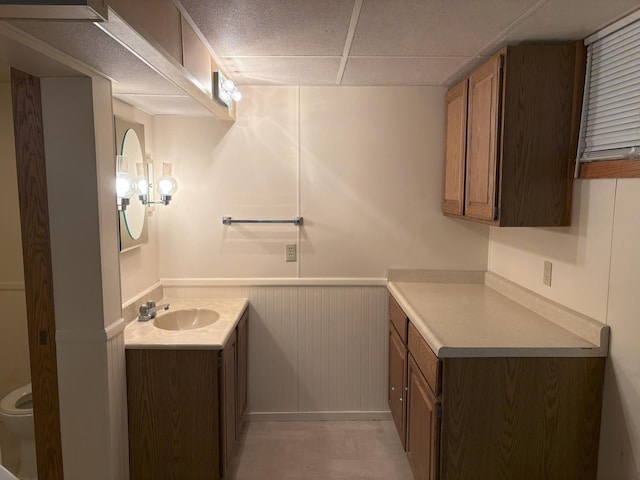 2220 23rd St NW, Rochester, MN 55901 - bathroom featuring vanity, toilet, wainscoting, and a paneled ceiling