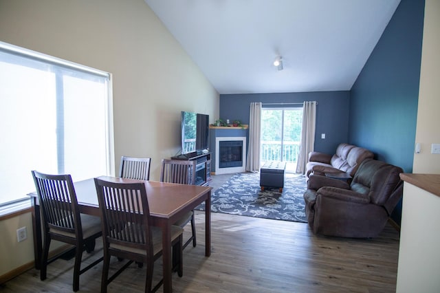 450 Meadow Ln, Somerset, WI 54025 - dining space with wood finished floors, high vaulted ceiling, and a glass covered fireplace