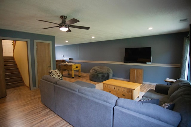 450 Meadow Ln, Somerset, WI 54025 - living room featuring stairway, ceiling fan, wood finished floors, and recessed lighting
