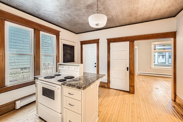 1156 Marion St, Saint Paul, MN 55117 - kitchen with electric stove, a baseboard radiator, white cabinetry, light wood finished floors, and crown molding