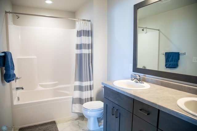 2700 14th St W, West Fargo, ND 58078 - bathroom featuring shower / bathtub combination with curtain, marble look tile flooring, double vanity, toilet, and recessed lighting