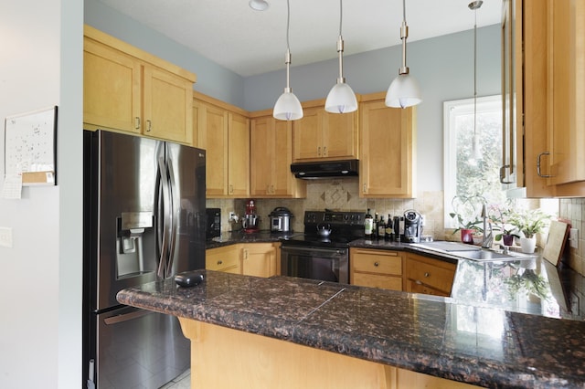 1712 Levee Ave, Anoka, MN 55303 - kitchen featuring stainless steel fridge with ice dispenser, range hood, black electric range, a sink, and tasteful backsplash