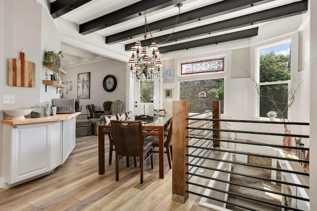 159 Western Ave S, Saint Paul, MN 55102 - dining space featuring light wood-style floors, a chandelier, beamed ceiling, and plenty of natural light