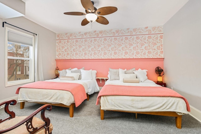 159 Western Ave S, Saint Paul, MN 55102 - bedroom featuring wainscoting, wallpapered walls, ceiling fan, and carpet floors