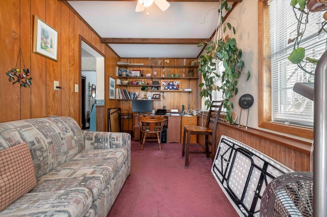 44655 Red Oak Rd, Staples, MN 56479 - carpeted living area with wood walls, a desk, a ceiling fan, and beamed ceiling