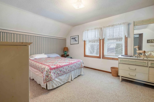 44655 Red Oak Rd, Staples, MN 56479 - bedroom featuring light carpet, vaulted ceiling, a textured ceiling, and baseboards