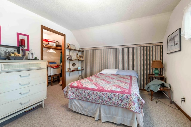44655 Red Oak Rd, Staples, MN 56479 - carpeted bedroom featuring a walk in closet, lofted ceiling, a closet, and a textured ceiling