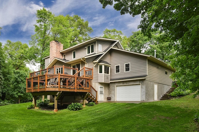 19260 81st Pl N, Maple Grove, MN 55311 - rear view of house with stairs, a garage, a lawn, a wooden deck, and a chimney