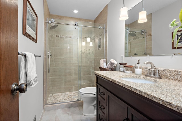19260 81st Pl N, Maple Grove, MN 55311 - full bathroom with vanity, toilet, a stall shower, and tile patterned flooring