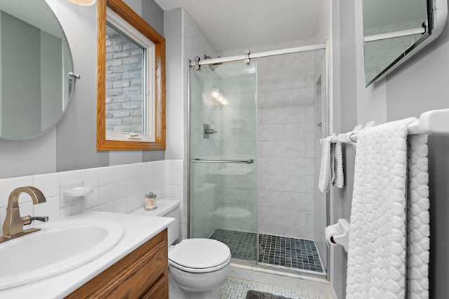 19260 81st Pl N, Maple Grove, MN 55311 - full bath with toilet, vanity, a shower stall, and tile walls