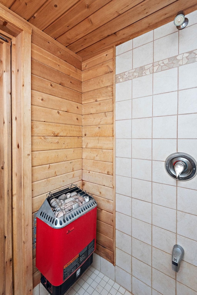 19260 81st Pl N, Maple Grove, MN 55311 - relaxing sauna featuring wood ceiling, wooden walls, and tile patterned flooring