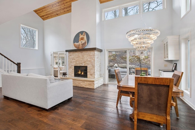 3715 Huntingdon Dr, Minnetonka, MN 55305 - living room with high vaulted ceiling, a chandelier, a fireplace, healthy amount of natural light, and dark wood-style flooring