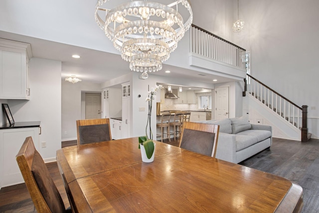 3715 Huntingdon Dr, Minnetonka, MN 55305 - dining room featuring dark wood finished floors, recessed lighting, stairway, a chandelier, and baseboards