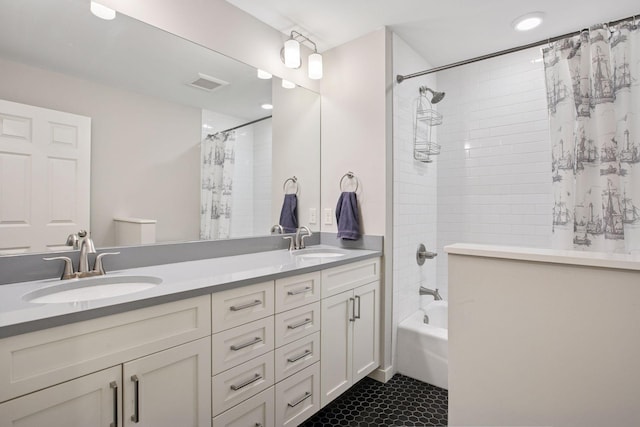 3715 Huntingdon Dr, Minnetonka, MN 55305 - bathroom with double vanity, shower / bath combo, and tile patterned flooring
