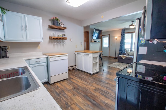 27668 Crappie Trl, Sverdrup Twp, MN 56586 - kitchen with white dishwasher, open shelves, electric range, a ceiling fan, and white cabinets