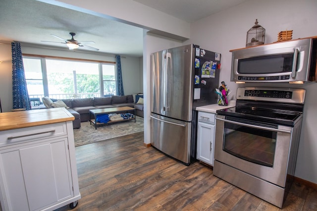 27668 Crappie Trl, Sverdrup Twp, MN 56586 - kitchen featuring stainless steel appliances, ceiling fan, dark wood finished floors, white cabinetry, and open floor plan