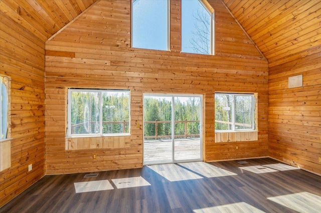 2331 Wilderness Rd, Lakeside Twp, WI 54864 - empty room with wooden ceiling, high vaulted ceiling, wood walls, healthy amount of natural light, and wood finished floors