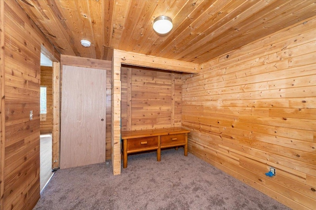 2331 Wilderness Rd, Lakeside Twp, WI 54864 - unfurnished bedroom featuring wooden ceiling, wood walls, and carpet