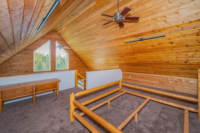2331 Wilderness Rd, Lakeside Twp, WI 54864 - bedroom featuring wooden walls, carpet, lofted ceiling, and wood ceiling
