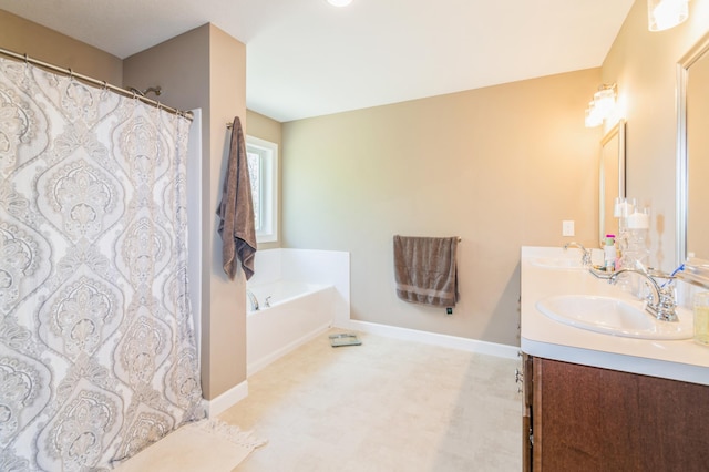 13284 288th Ave NW, Zimmerman, MN 55398 - full bath featuring double vanity, baseboards, a bath, tile patterned floors, and curtained shower
