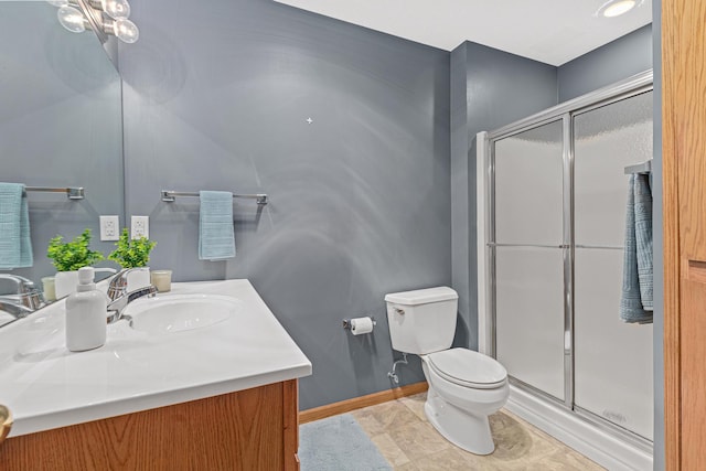 1112 Dakota St S, Shakopee, MN 55379 - bathroom featuring vanity, toilet, a shower stall, and baseboards