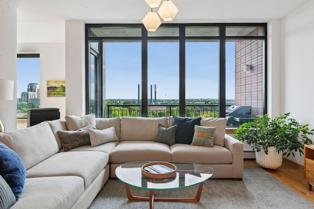 215 10th Ave S Unit 606, Minneapolis, MN 55415 - living room featuring a wall of windows, wood finished floors, plenty of natural light, and a view of city