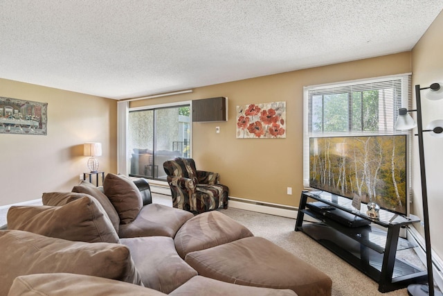 4130 Rahn Rd Unit 209, Eagan, MN 55122 - living area with a baseboard radiator, light carpet, healthy amount of natural light, a textured ceiling, and baseboards