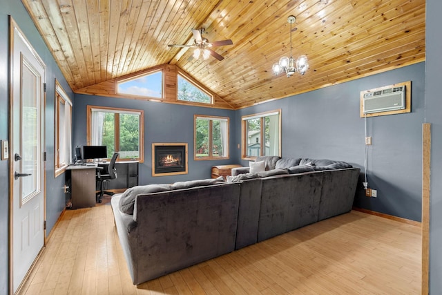 16724 Kenyon Cir NE, Ham Lake, MN 55304 - living room with a wall mounted air conditioner, wood ceiling, lofted ceiling, ceiling fan, and light wood-style flooring