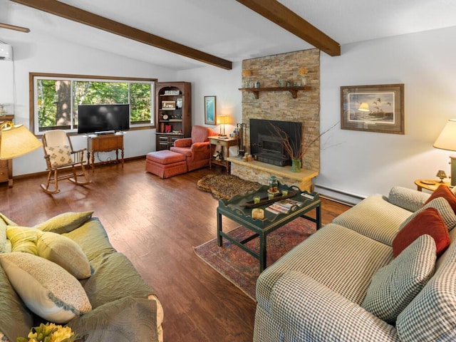 24810 96th St NW, Zimmerman, MN 55398 - living room with a baseboard radiator, wood finished floors, a stone fireplace, and a wall mounted AC