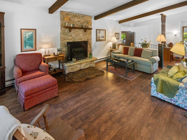 24810 96th St NW, Zimmerman, MN 55398 - living room with wood finished floors, a fireplace, beam ceiling, baseboard heating, and a baseboard heating unit