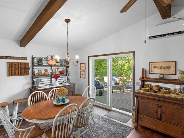 24810 96th St NW, Zimmerman, MN 55398 - dining space featuring wood finished floors, a ceiling fan, a chandelier, and a wall mounted air conditioner