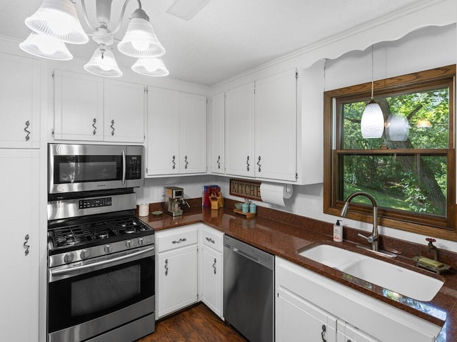 24810 96th St NW, Zimmerman, MN 55398 - kitchen with stainless steel appliances, white cabinets, hanging light fixtures, and dark wood-style flooring
