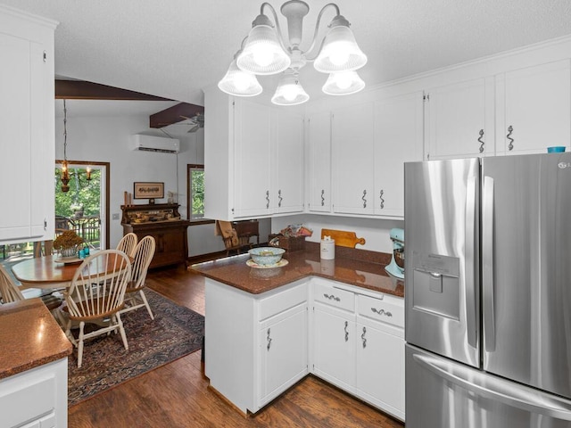 24810 96th St NW, Zimmerman, MN 55398 - kitchen featuring stainless steel fridge with ice dispenser, a wall mounted AC, a chandelier, and white cabinets