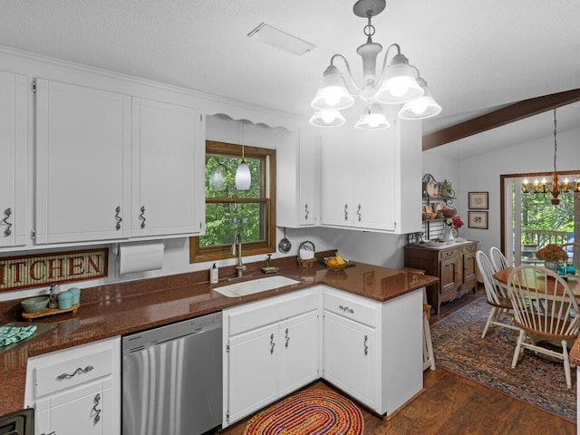 24810 96th St NW, Zimmerman, MN 55398 - kitchen featuring dishwasher, a chandelier, white cabinetry, dark wood-type flooring, and lofted ceiling