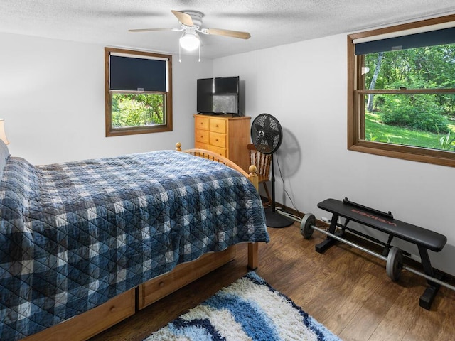 24810 96th St NW, Zimmerman, MN 55398 - bedroom with wood finished floors, a textured ceiling, and ceiling fan