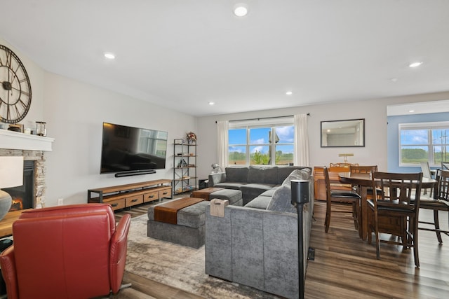 19281 Blue Stem Ct, Maple Grove, MN 55311 - living room featuring wood finished floors, a fireplace, and recessed lighting