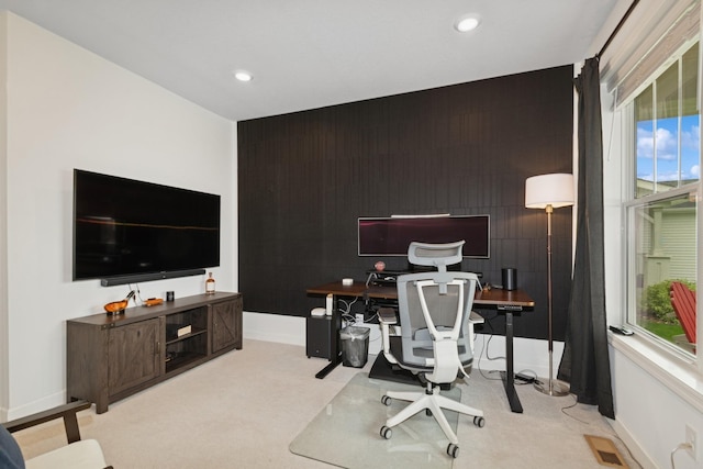 19281 Blue Stem Ct, Maple Grove, MN 55311 - home office featuring an accent wall, carpet flooring, recessed lighting, and baseboards