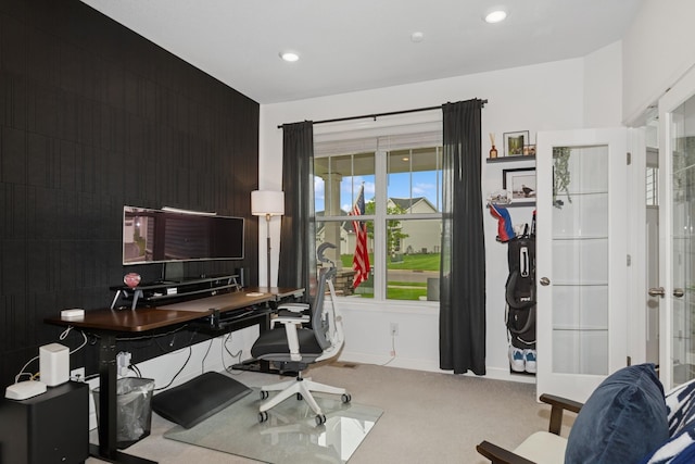 19281 Blue Stem Ct, Maple Grove, MN 55311 - carpeted office with recessed lighting, baseboards, and an accent wall