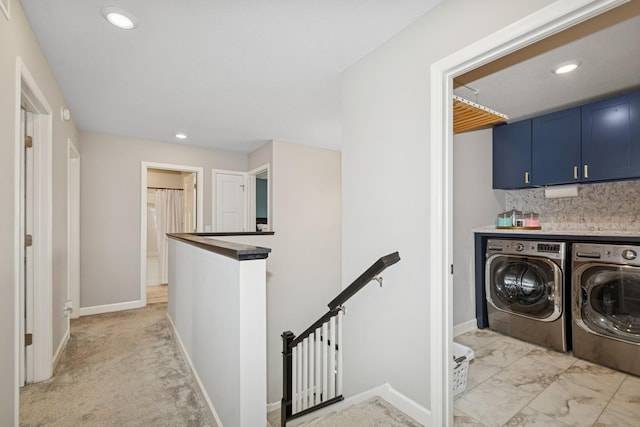 19281 Blue Stem Ct, Maple Grove, MN 55311 - washroom with washing machine and clothes dryer, baseboards, recessed lighting, and cabinet space