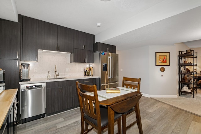 19281 Blue Stem Ct, Maple Grove, MN 55311 - kitchen featuring appliances with stainless steel finishes, a sink, light countertops, light wood-style floors, and backsplash
