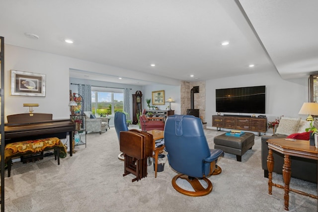 19281 Blue Stem Ct, Maple Grove, MN 55311 - carpeted living room with a wood stove and recessed lighting